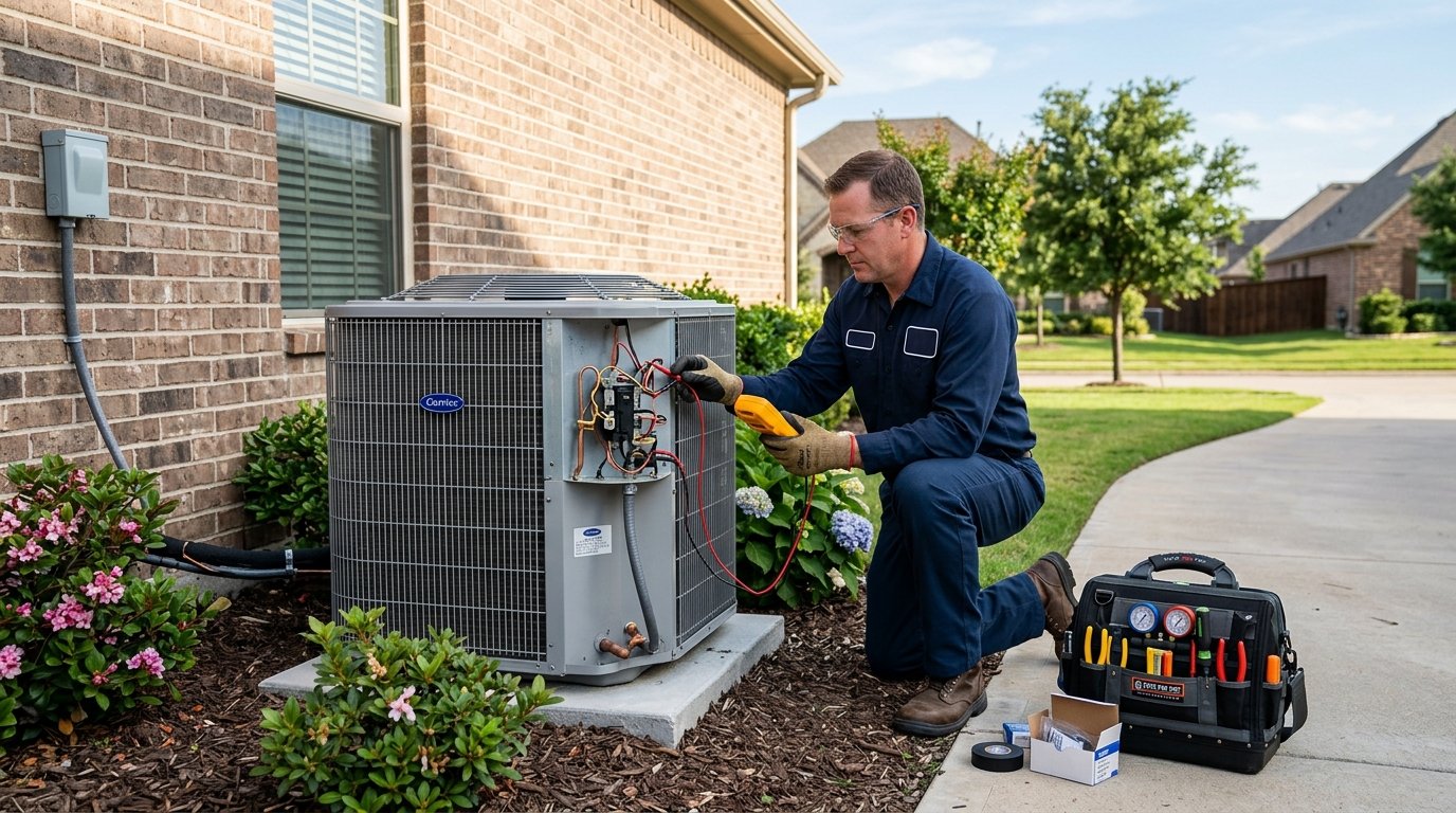 HVAC technician inspecting an outdoor air conditioning unit beside a suburban home.