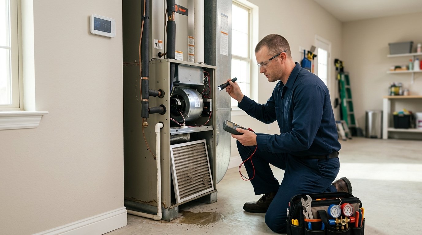 An HVAC technician inspects a residential air conditioning system while checking its filter and indoor unit.