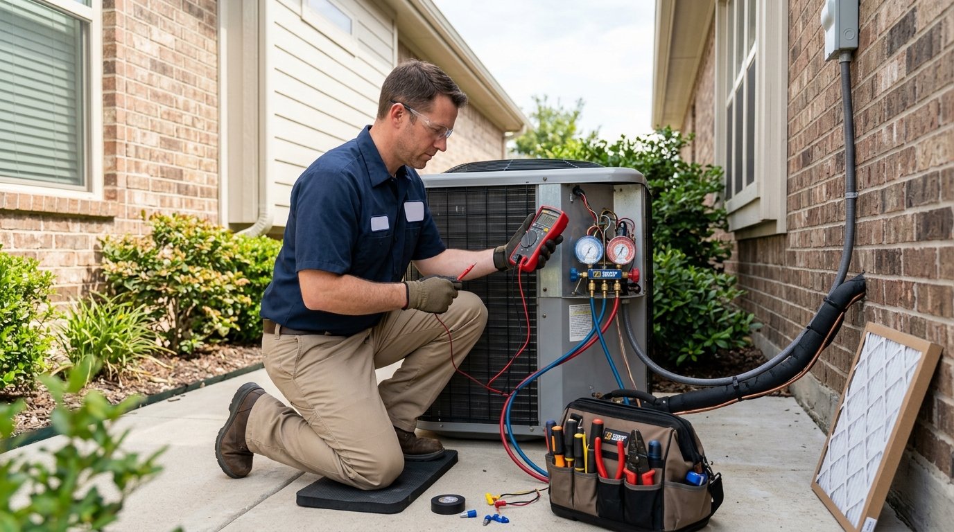 An HVAC technician inspects an outdoor air-conditioning condenser unit beside a suburban home.