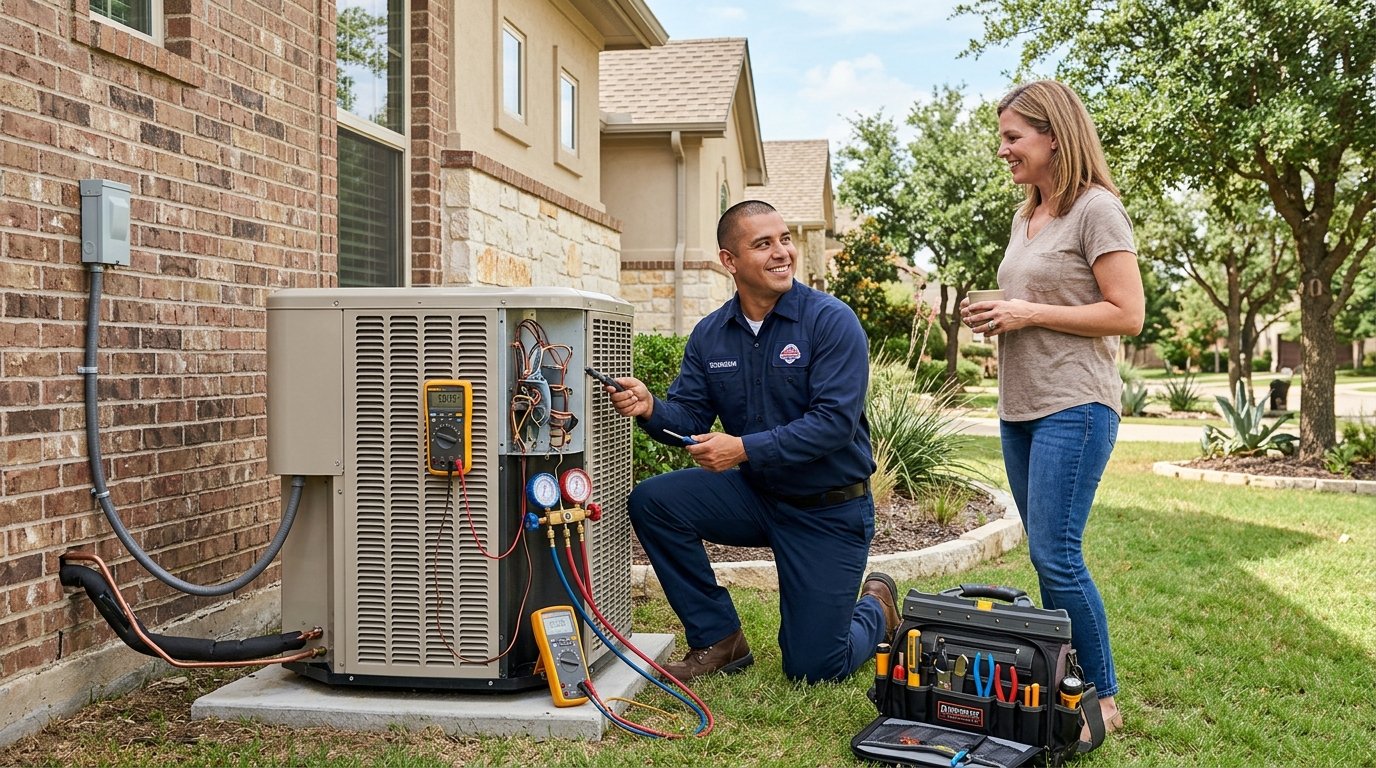 An HVAC technician inspects an outdoor air conditioning unit while speaking with a homeowner.