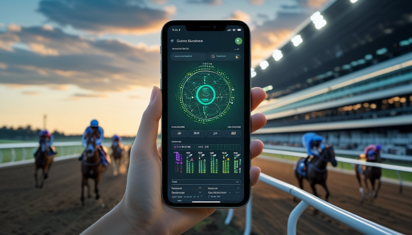 Ponsel pintar menampilkan antarmuka digital abstrak di depan perlombaan kuda di arena pacuan.