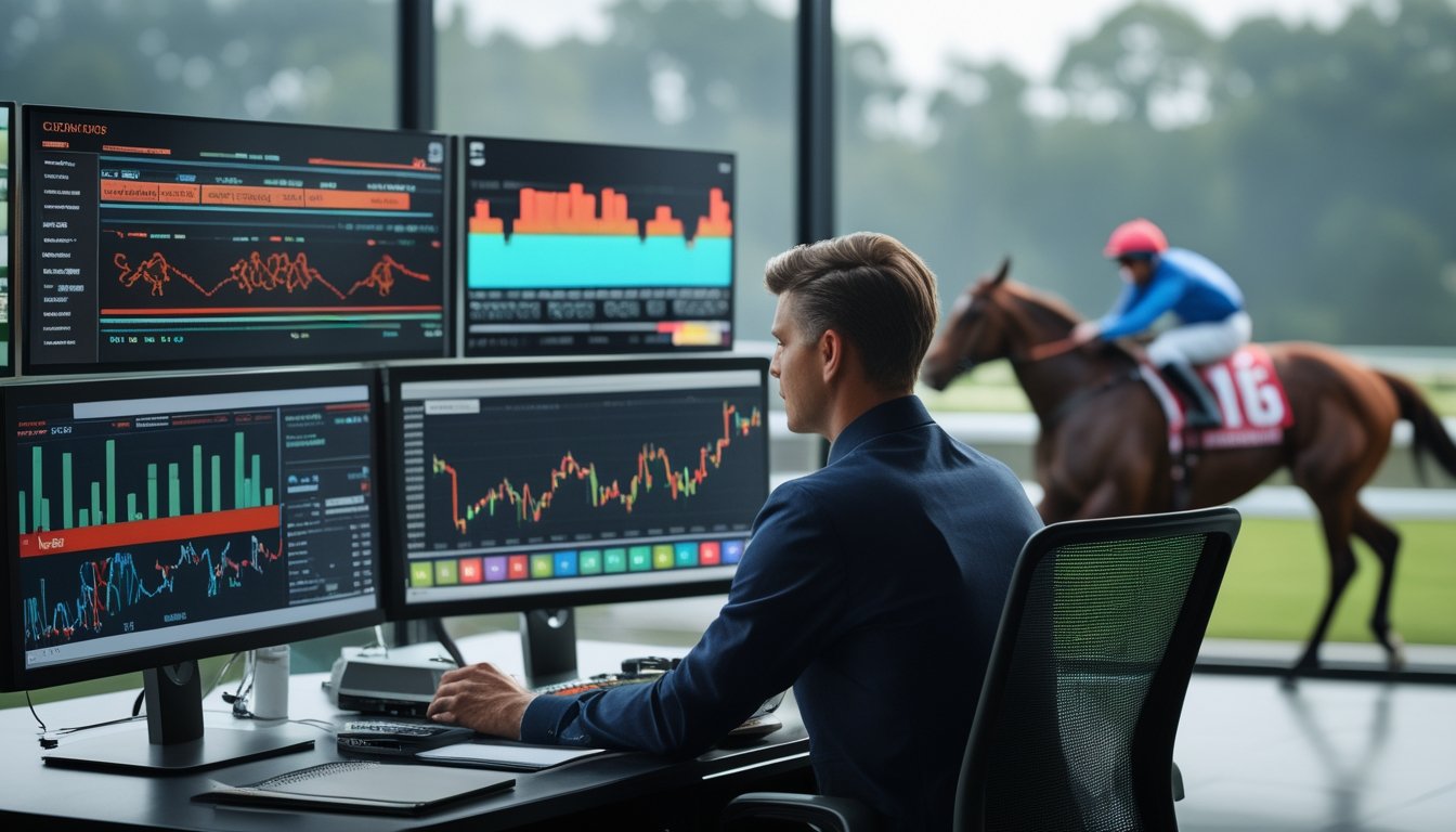 Seorang analis mempelajari data balap kuda di depan beberapa monitor.