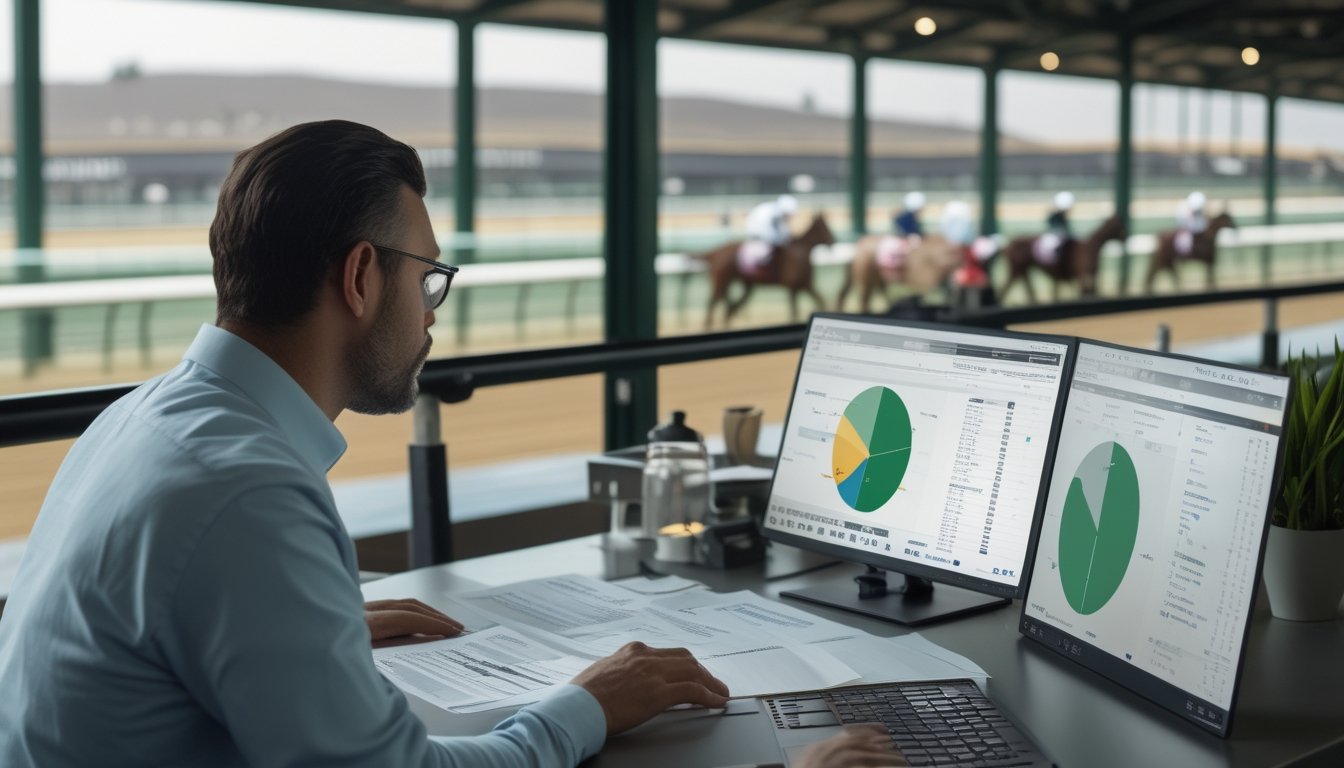 Seorang analis mempelajari data balap kuda di meja dengan lintasan dan kuda terlihat di latar belakang.