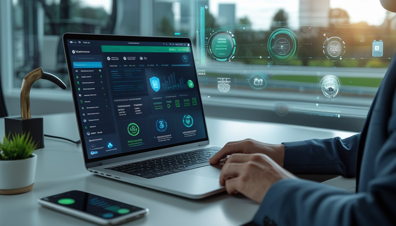 Orang dewasa menggunakan laptop dan ponsel dengan tampilan analisis balap kuda serta simbol keamanan dan transaksi digital.