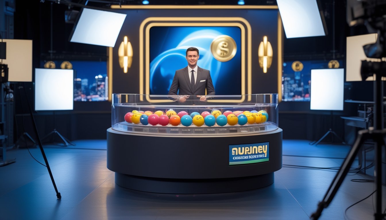 Presenter berdiri di samping mesin pengundian bola di studio siaran modern dengan kamera dan latar kota Sydney.