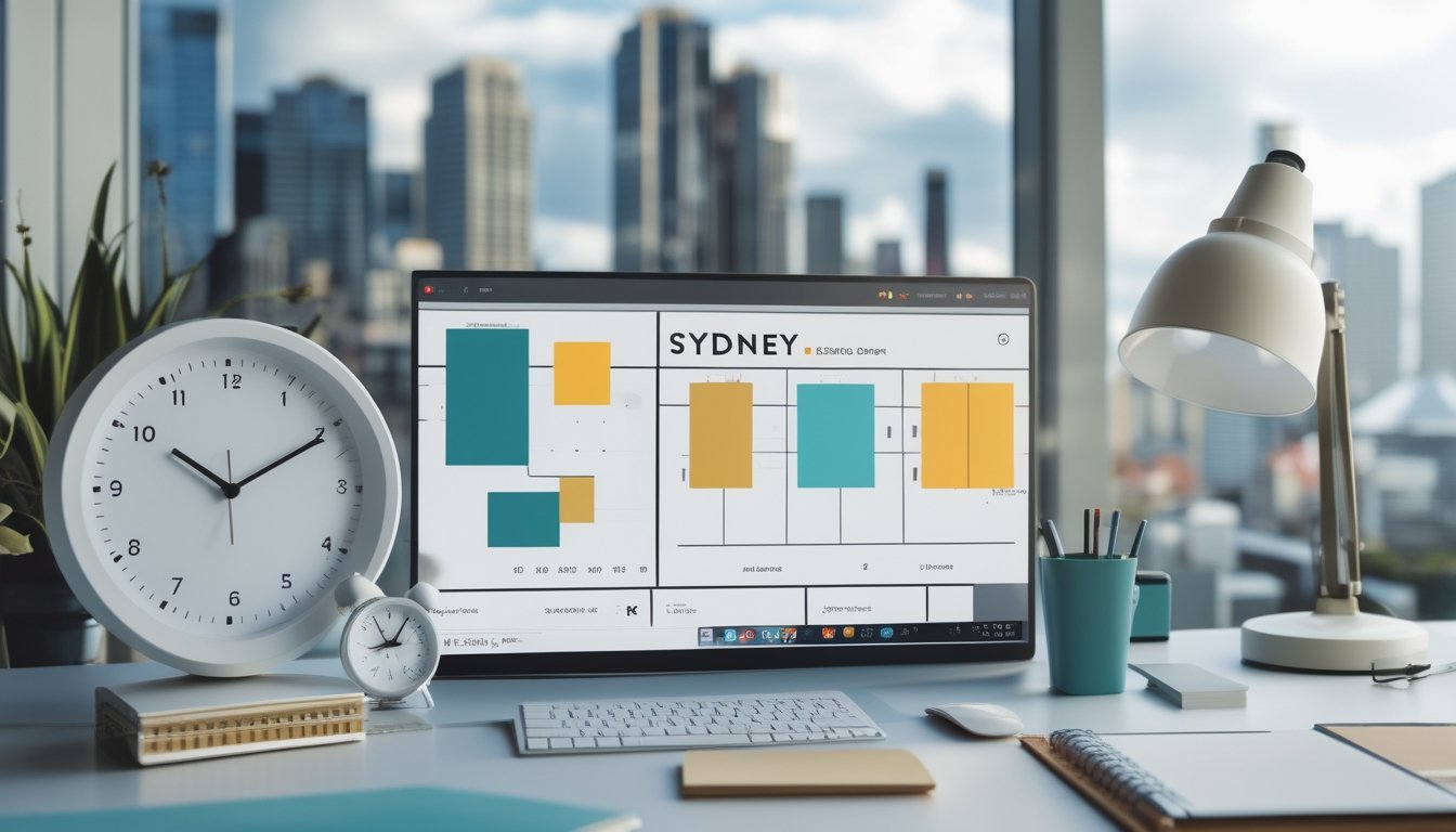 Meja kerja modern dengan jam dunia, kalender, laptop, dan pemandangan kota Sydney.