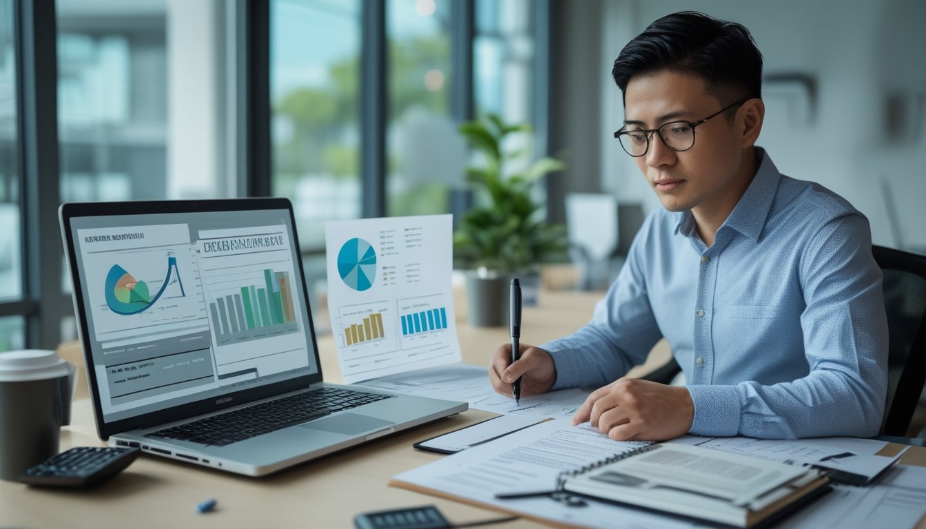 Seseorang menganalisis grafik statistik dan anggaran keuangan di meja kerja.