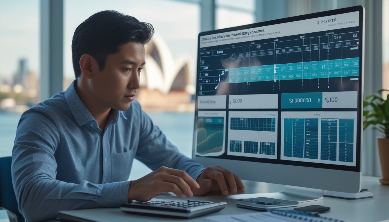 Seseorang menganalisis data angka dan anggaran di laptop dengan latar pelabuhan Sydney.