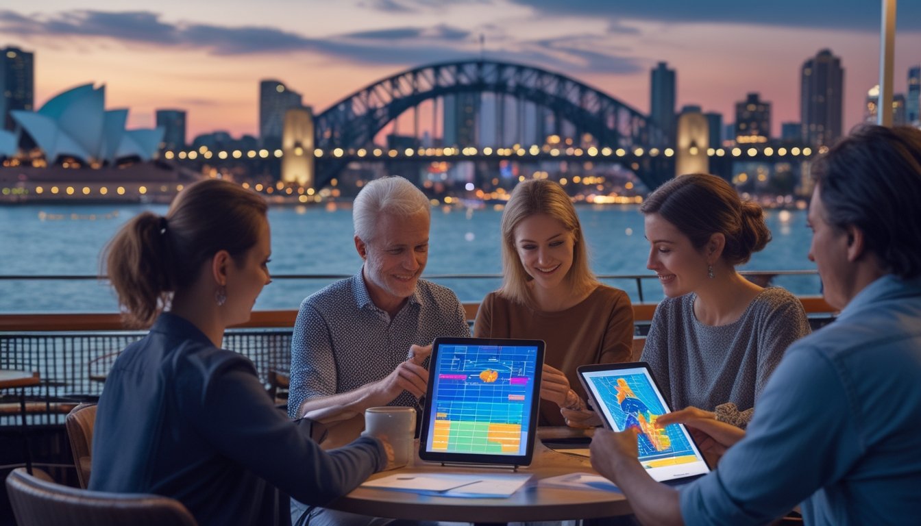 Sekelompok orang dewasa berdiskusi di kafe dengan latar pemandangan Sydney dan layar tablet berisi pola data abstrak.