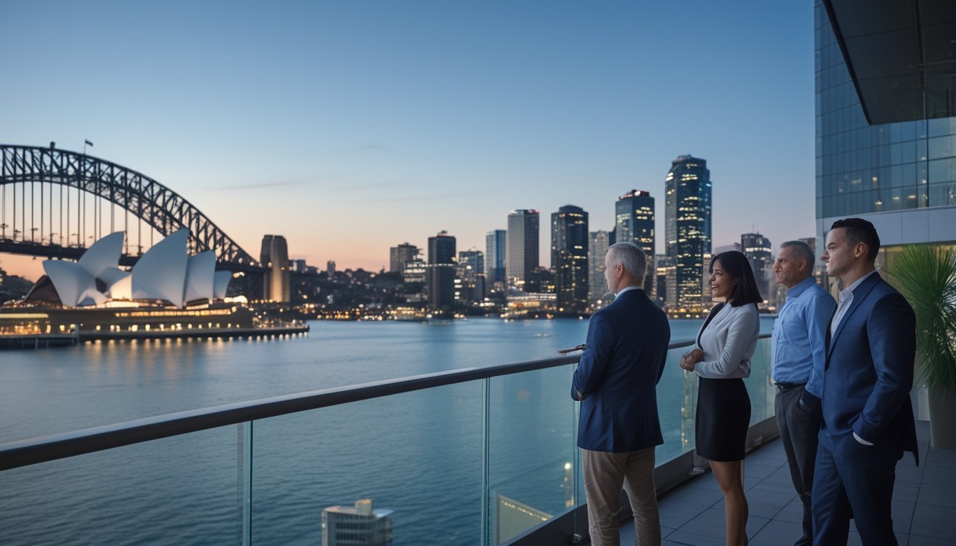 Pemandangan kota Sydney saat senja dengan Jembatan Pelabuhan Sydney, Gedung Opera Sydney, dan beberapa orang mengamati kota.