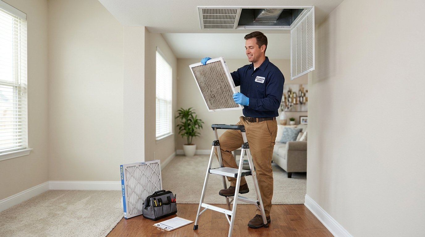 HVAC technician replacing an air filter in a residential home.