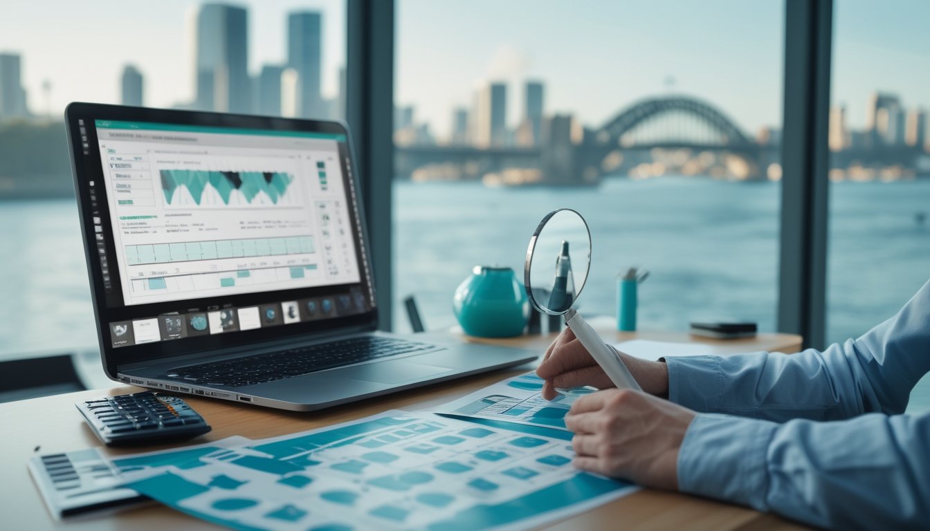 Meja kerja modern dengan laptop, lembar data, kalkulator, dan pemandangan samar Pelabuhan Sydney.