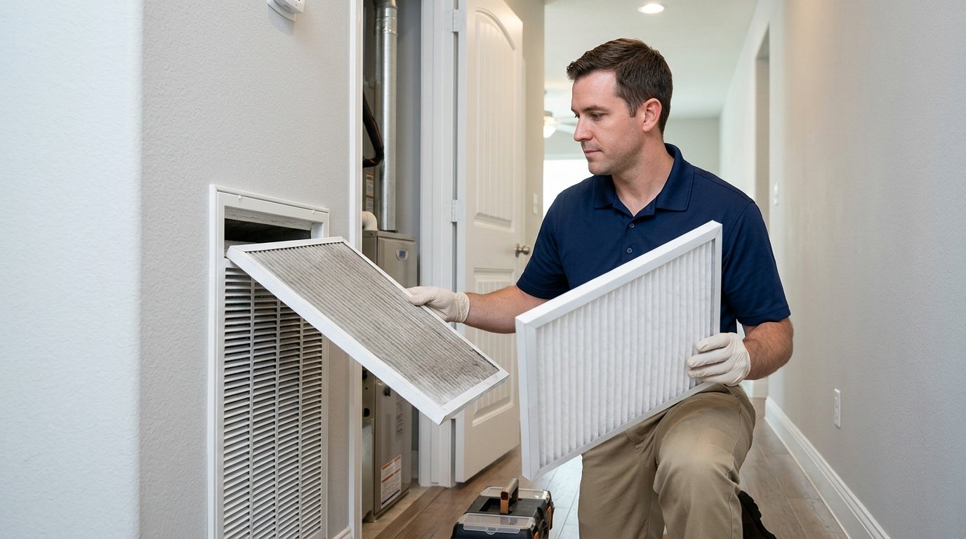 HVAC technician removing a dusty air filter and comparing it with a clean replacement in a home utility room.