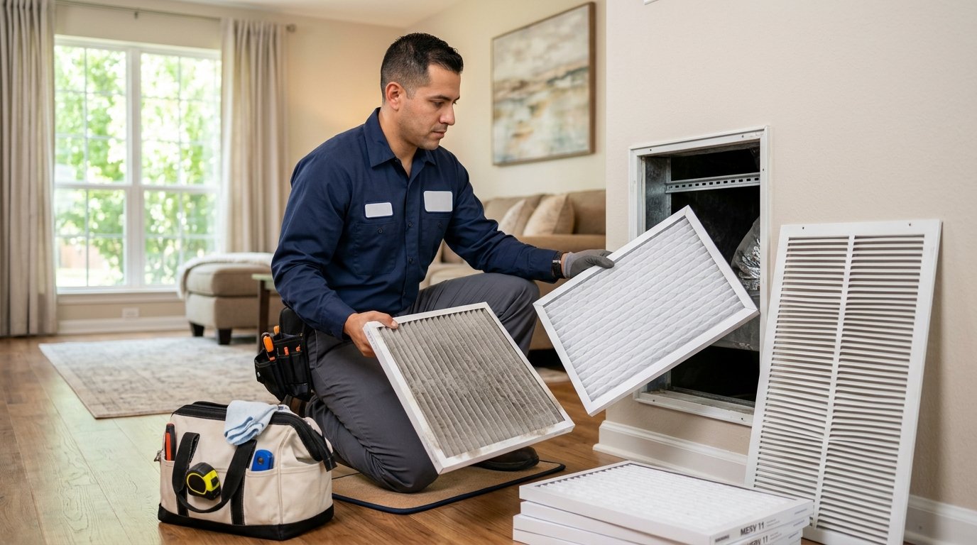 An HVAC technician compares a dusty used air filter with a clean replacement filter beside a home air vent.