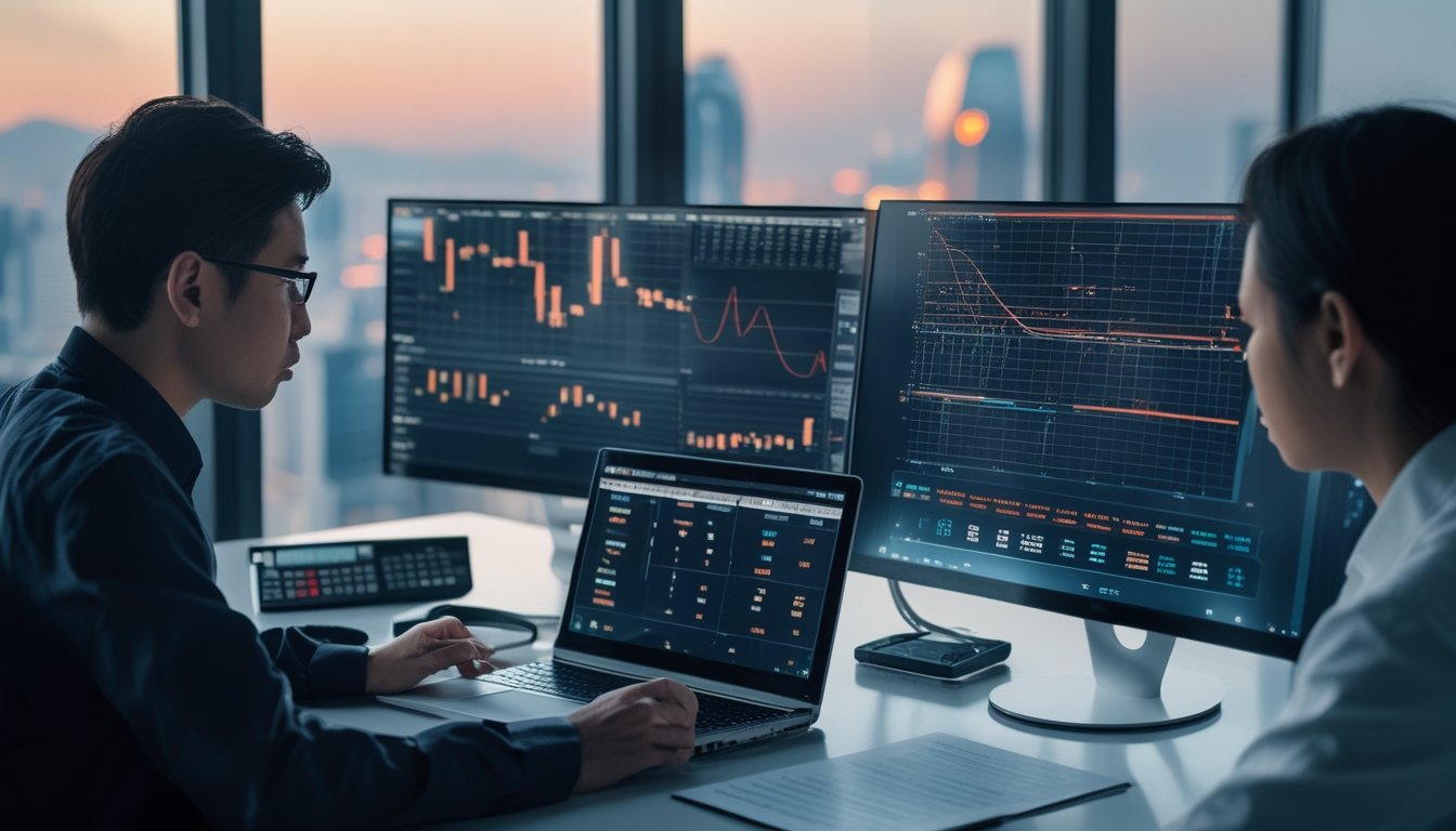 Tim peneliti menganalisis data statistik pada monitor dan dokumen di ruang kerja modern.