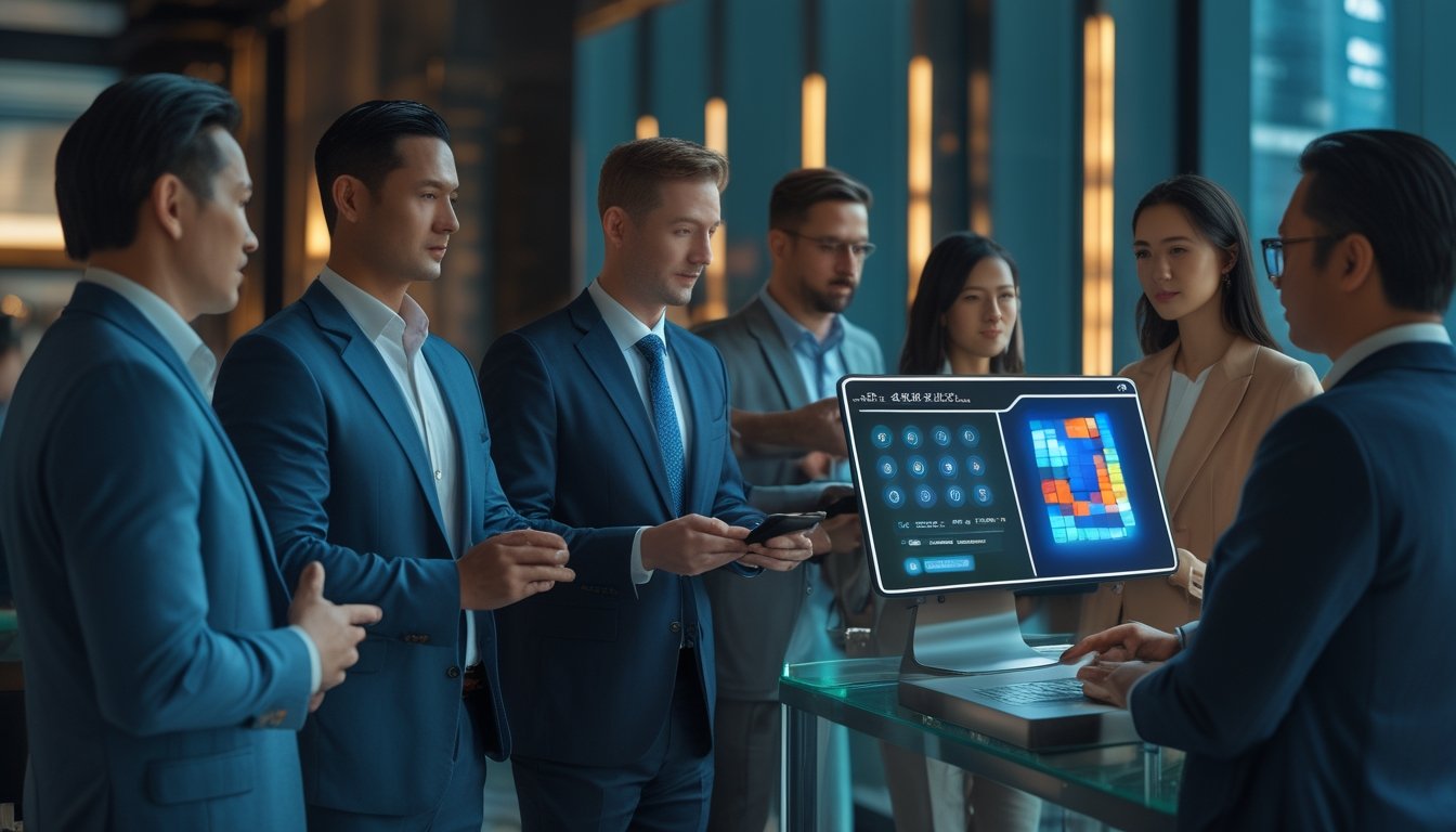 Orang dewasa menggunakan platform digital aman dalam suasana lounge modern dengan elemen keamanan siber.