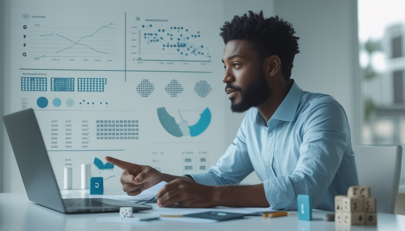 Seorang analis mempelajari data probabilitas dan angka acak di meja kerja modern.