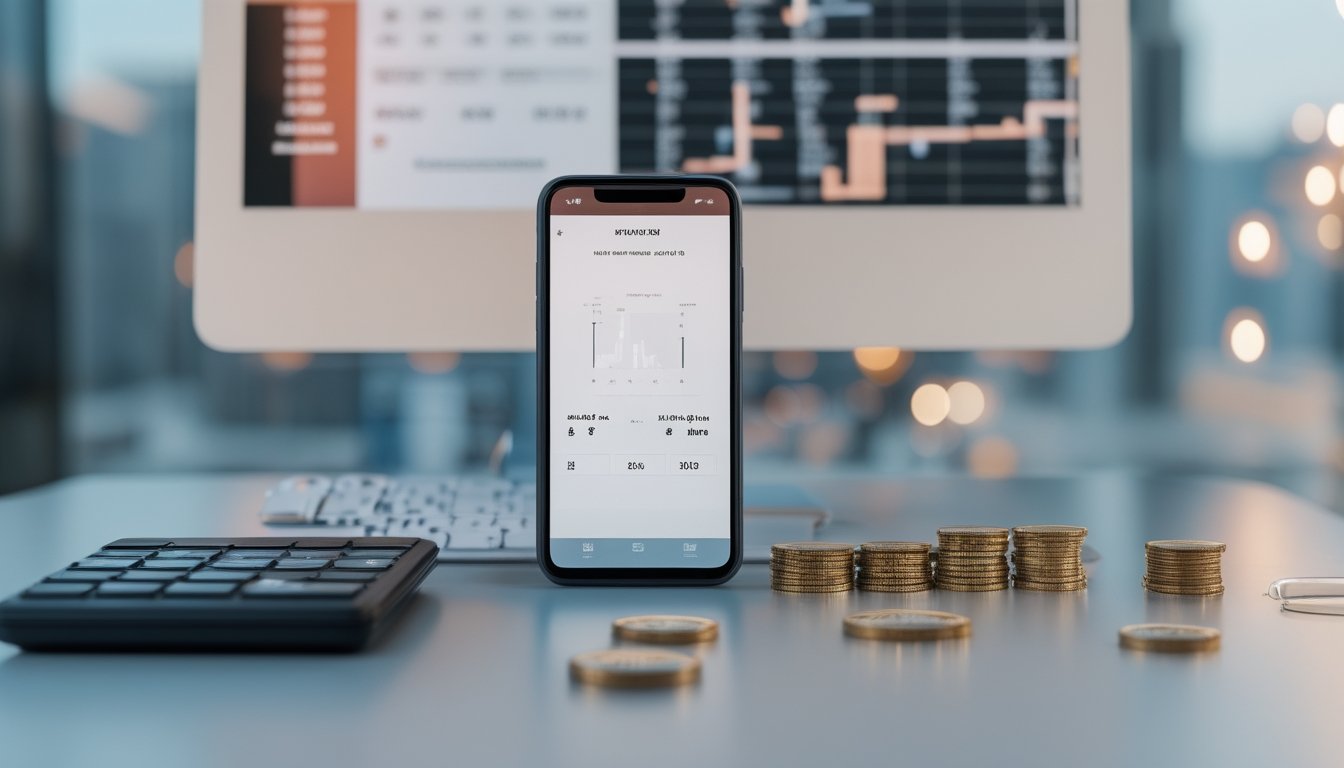 Meja modern dengan ponsel, tablet, kalkulator, dan penanda angka yang menggambarkan analisis peluang pasar togel Macau.