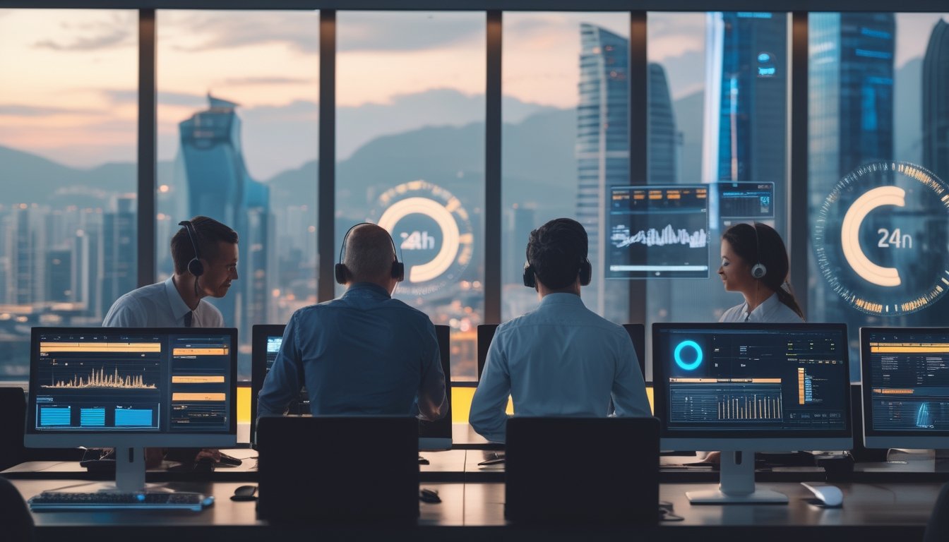 Tim layanan pelanggan bekerja di kantor modern dengan layar komputer dan pemandangan kota Macau.