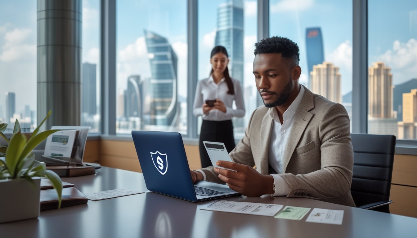 Seorang pelanggan memeriksa konfirmasi pembayaran di laptop dalam suasana kantor modern dengan simbol keamanan digital.