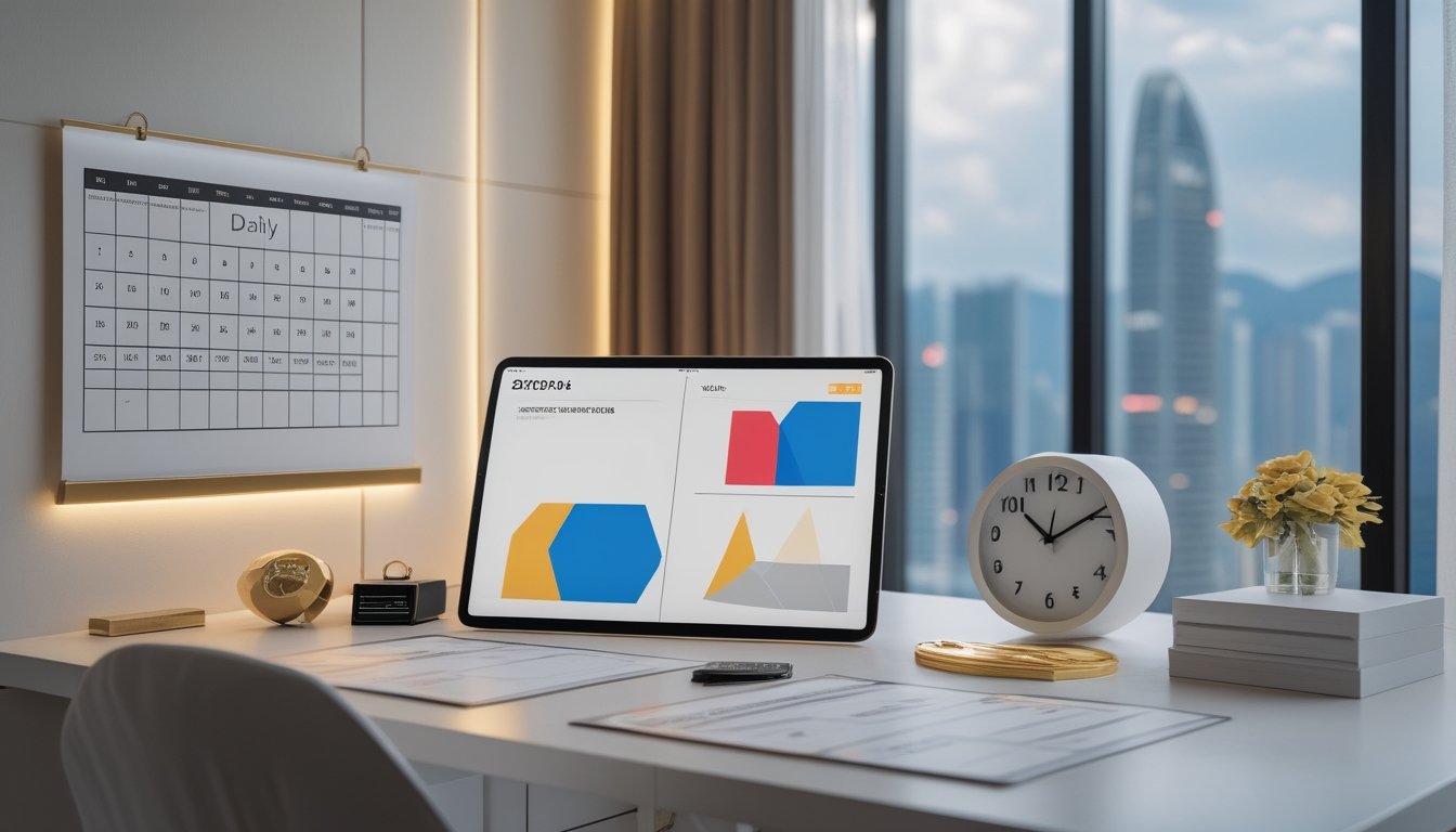 Meja kerja modern dengan kalender kosong, tablet berisi grafik abstrak, jam analog, dan pemandangan kota di balik jendela.