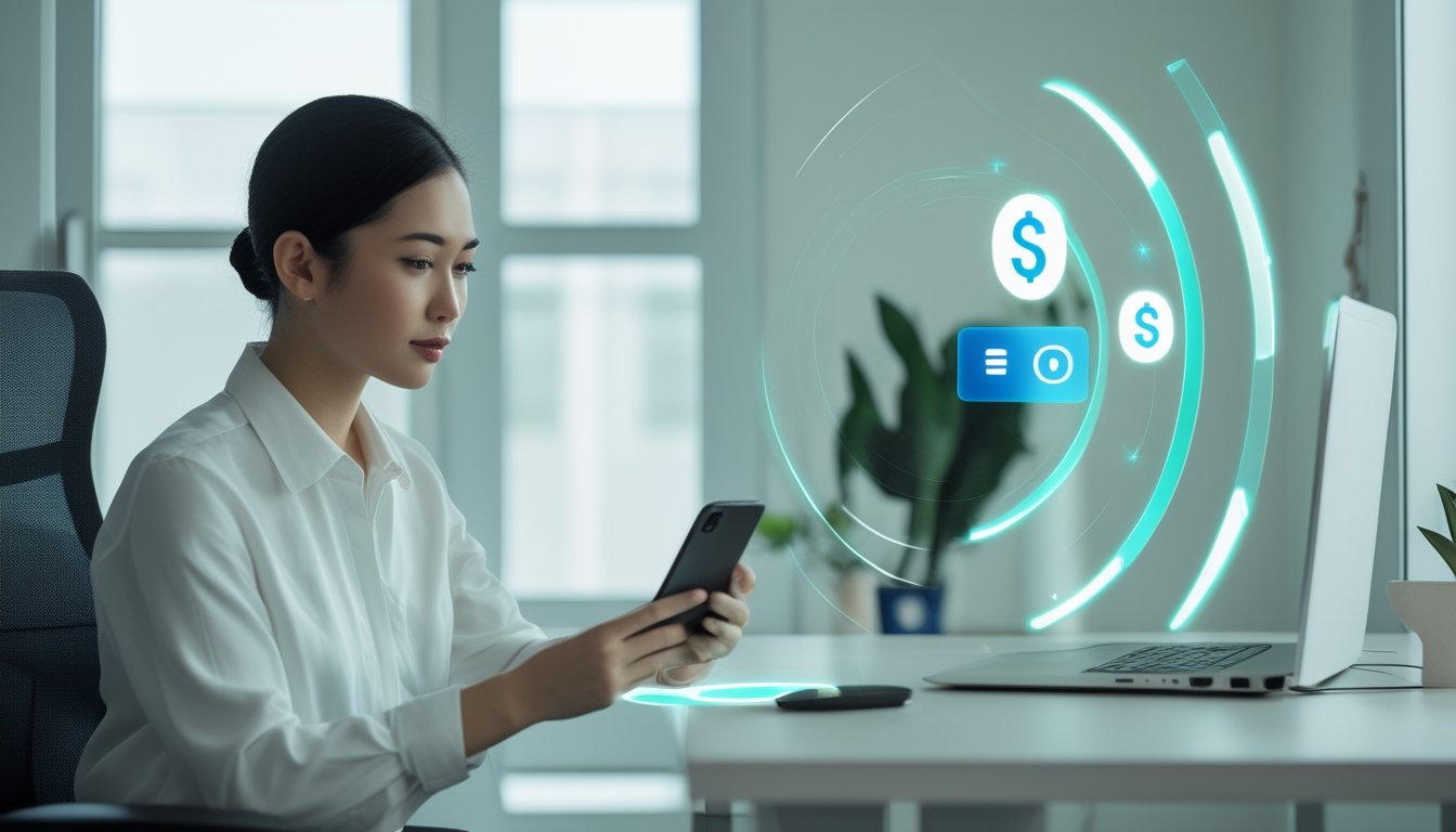 Seseorang menggunakan ponsel dan laptop untuk melakukan transaksi dompet digital di ruang kerja modern.