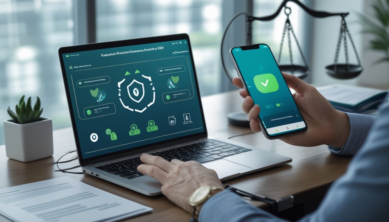 Seseorang memeriksa keamanan platform digital dan pembayaran dompet elektronik menggunakan laptop dan ponsel.
