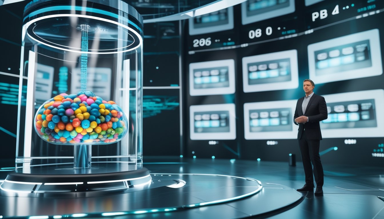 Presenter memantau pengundian bola bernomor secara langsung di studio modern dengan layar data digital.