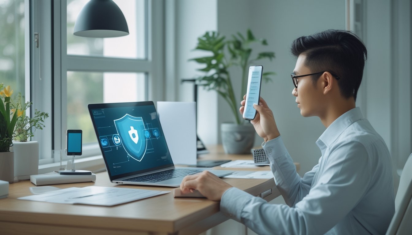 Profesional memeriksa keamanan dan reputasi platform digital di laptop dengan dokumen serta simbol perlindungan di meja.