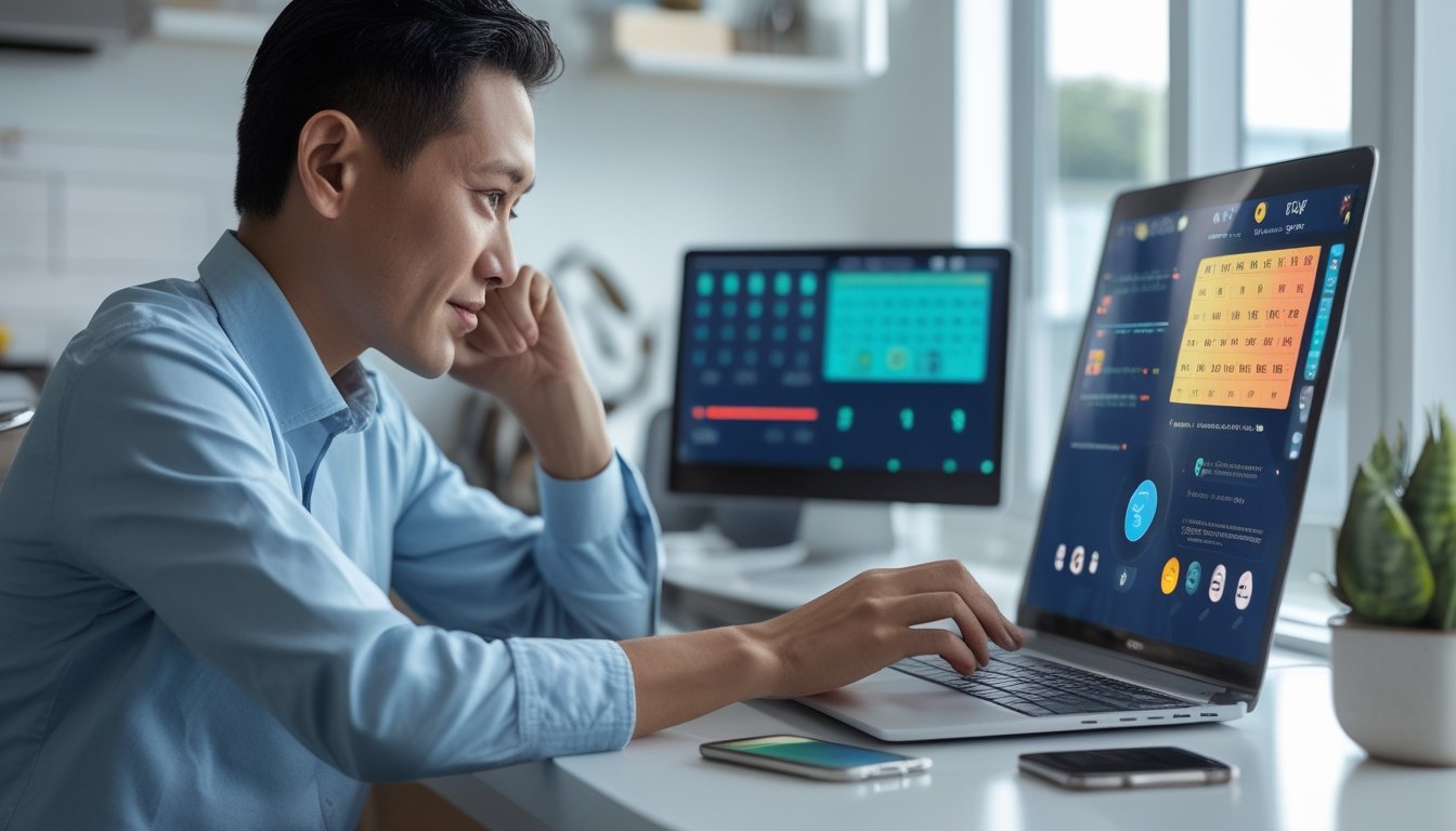 Orang dewasa menggunakan laptop dan ponsel dengan tampilan angka serta kalender digital di ruang kerja modern.