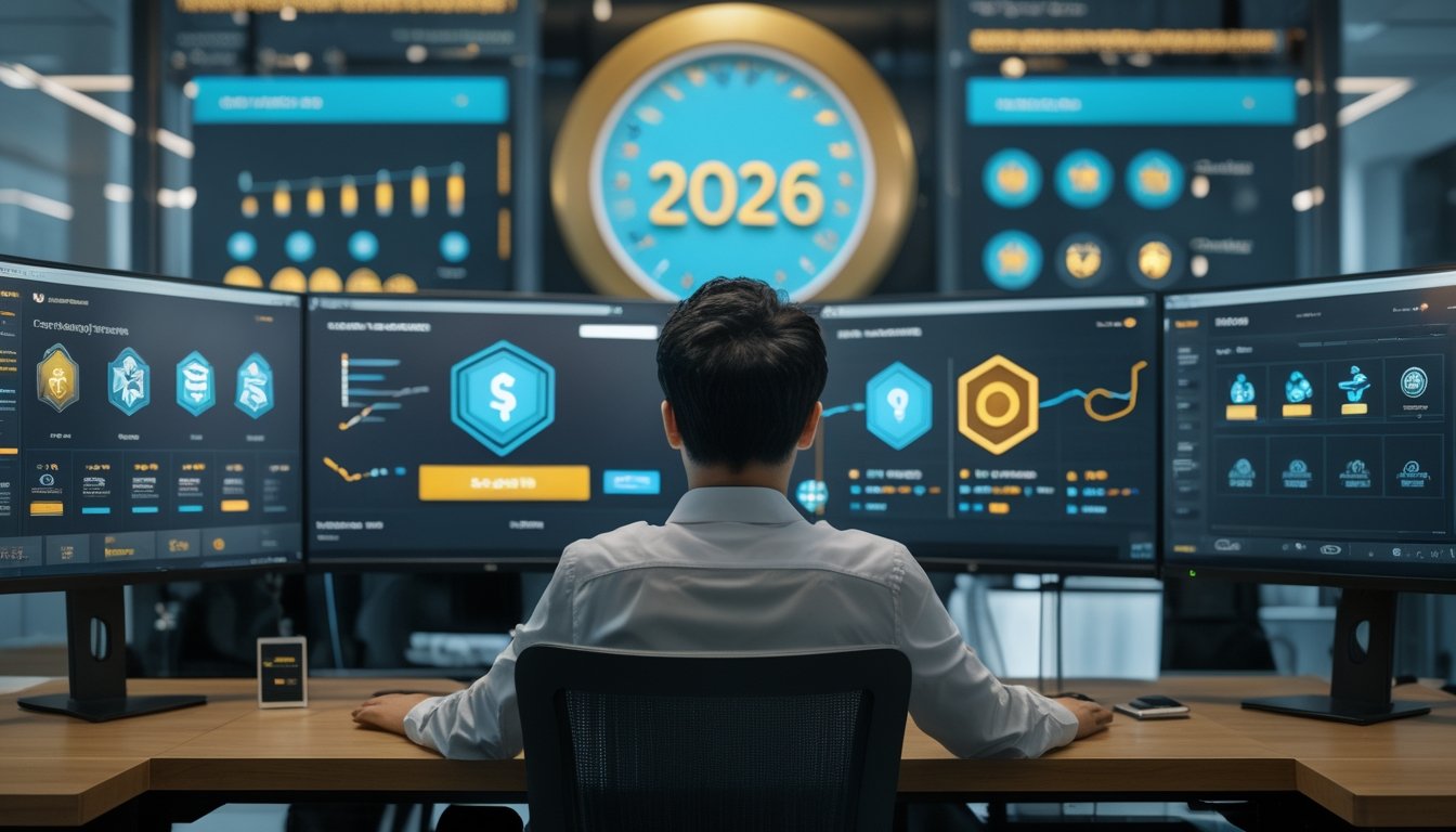 Analis dewasa meninjau beberapa dasbor digital perbandingan platform di kantor modern.