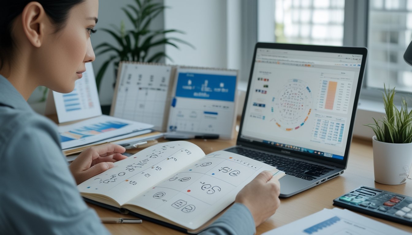 Seorang peneliti mempelajari diagram shio dan pola angka abstrak di meja kerja modern.