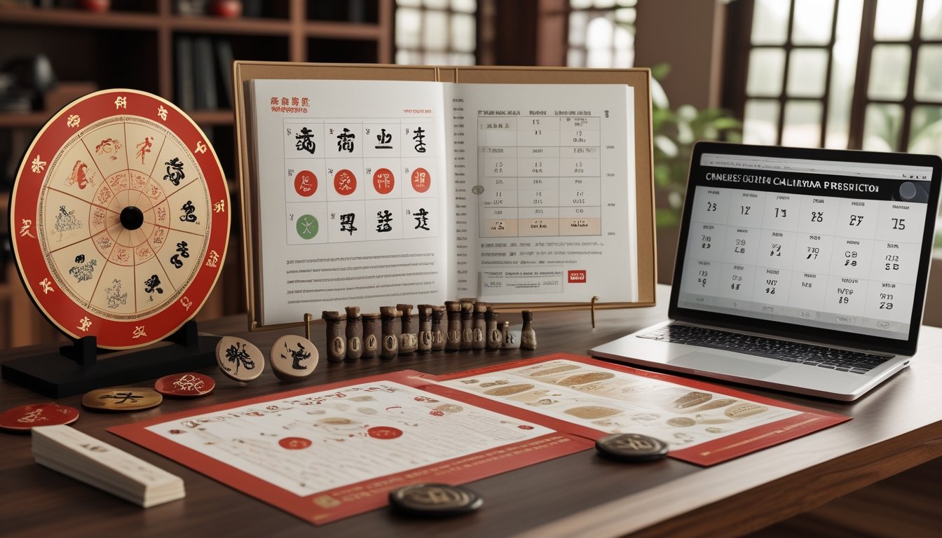Meja berisi roda shio Tionghoa, kalender lunar, dan benda simbolis dengan laptop berlatar belakang.
