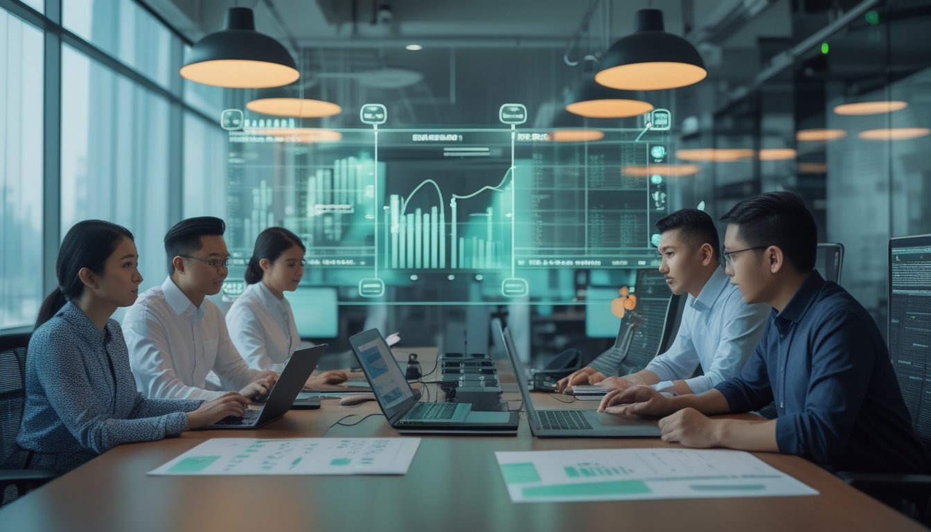 Sekelompok analis dewasa membahas grafik dan data digital di kantor modern.