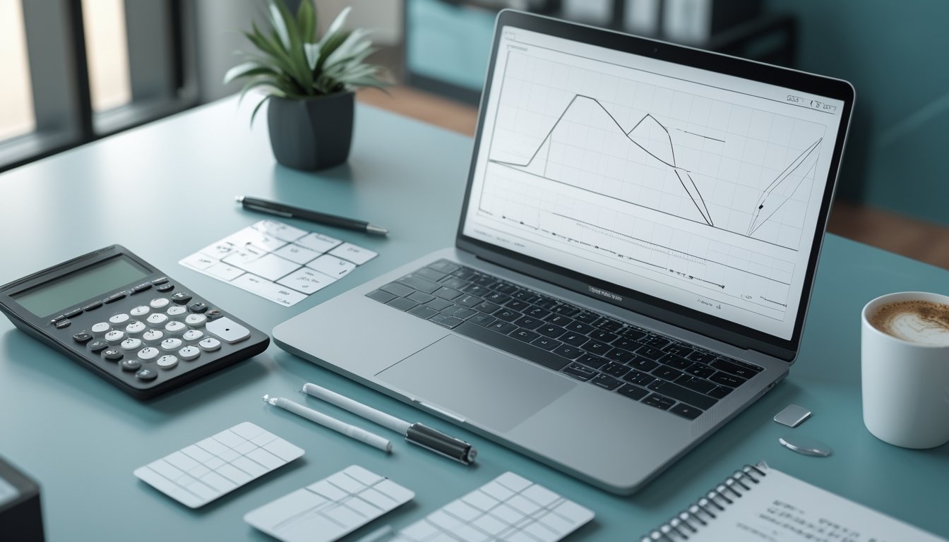 Meja kerja modern dengan laptop berisi grafik abstrak, kalkulator, kartu angka kosong, dan buku catatan.