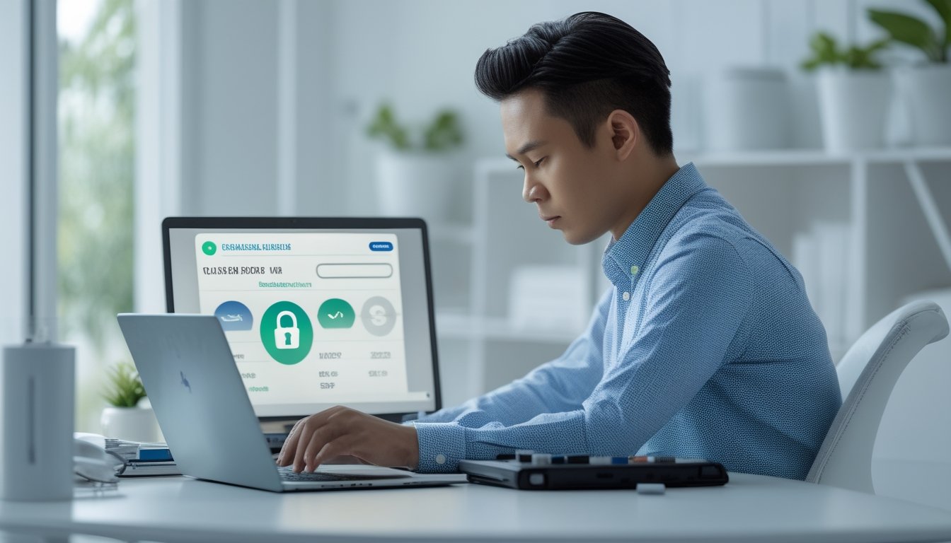 Seorang pengguna dewasa memeriksa akun digital dan pembayaran aman di laptop dan ponsel dalam ruang kerja modern.
