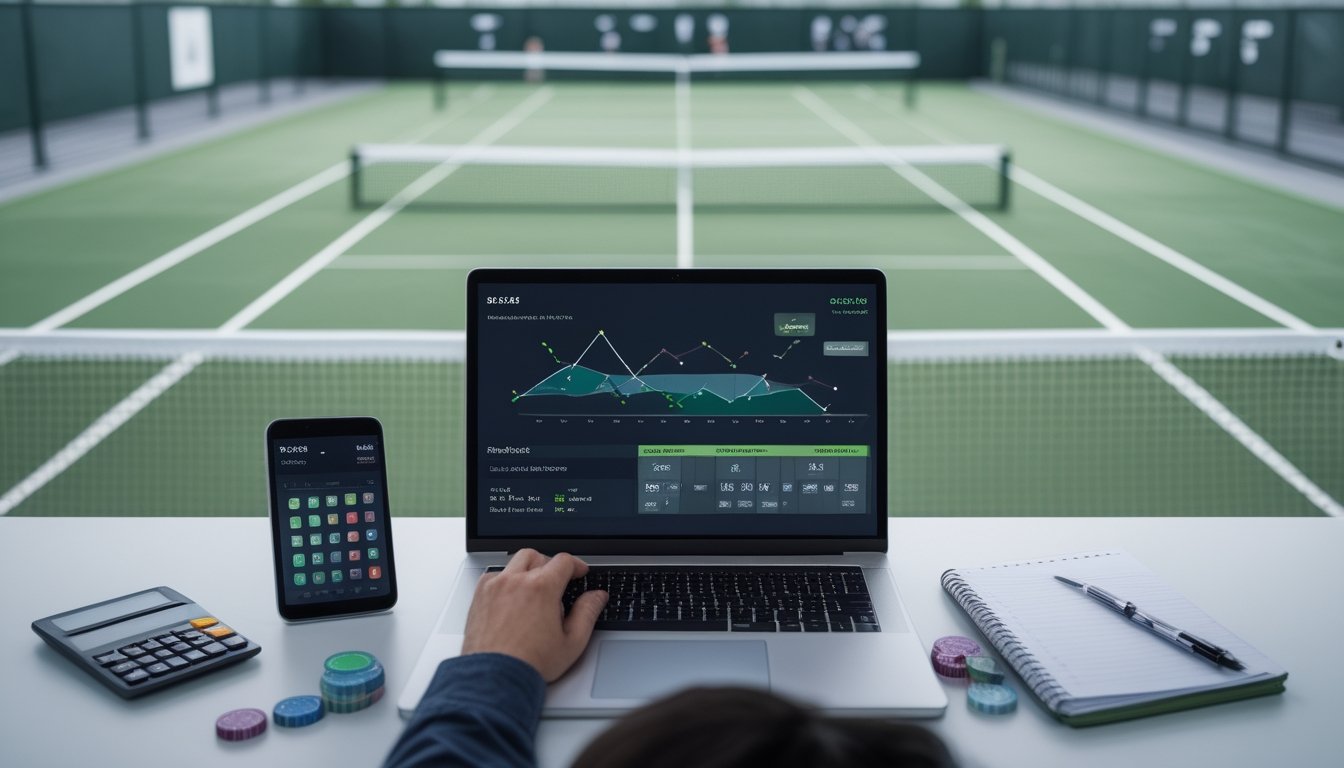 Meja kerja dengan laptop berisi grafik analisis, kalkulator, catatan kosong, dan penghitung anggaran, dengan lapangan tenis terlihat samar di latar belakang.
