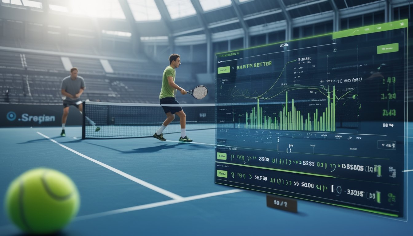 Dua pemain tenis bertanding di lapangan stadion dengan tampilan analisis pertandingan digital di latar depan.
