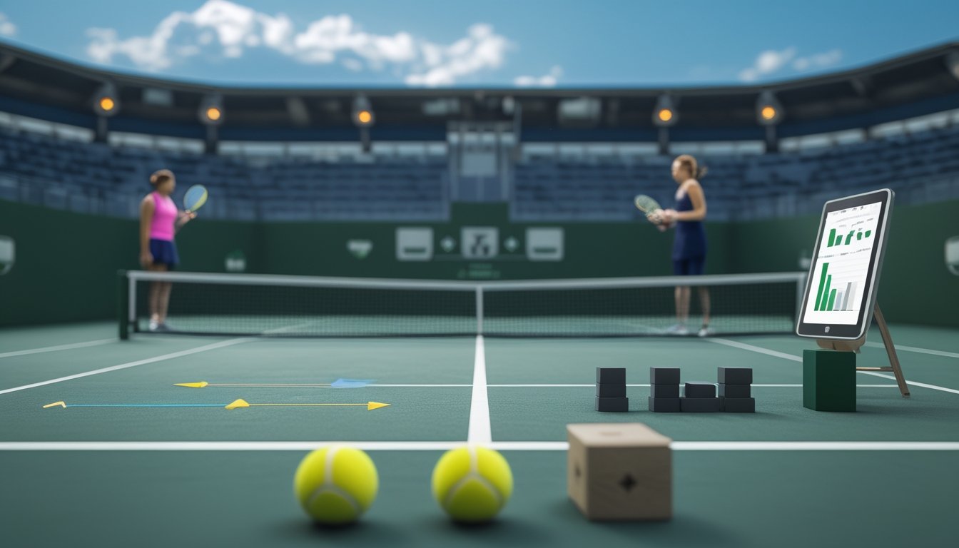 Pemain tenis bertanding di lapangan dengan perlengkapan analisis pertandingan di latar depan.