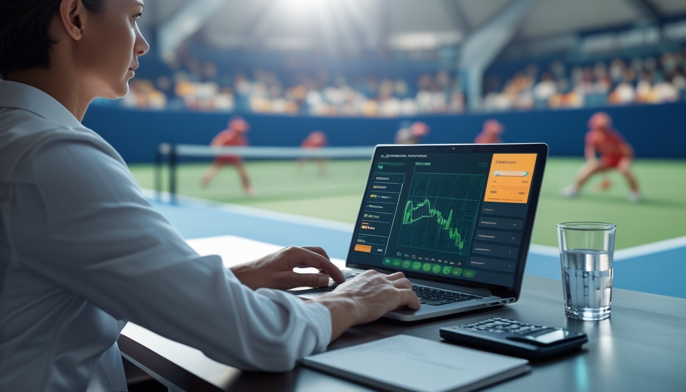 Seorang analis memantau pertandingan tenis dan keputusan keuangan melalui laptop dan ponsel di meja kerja.