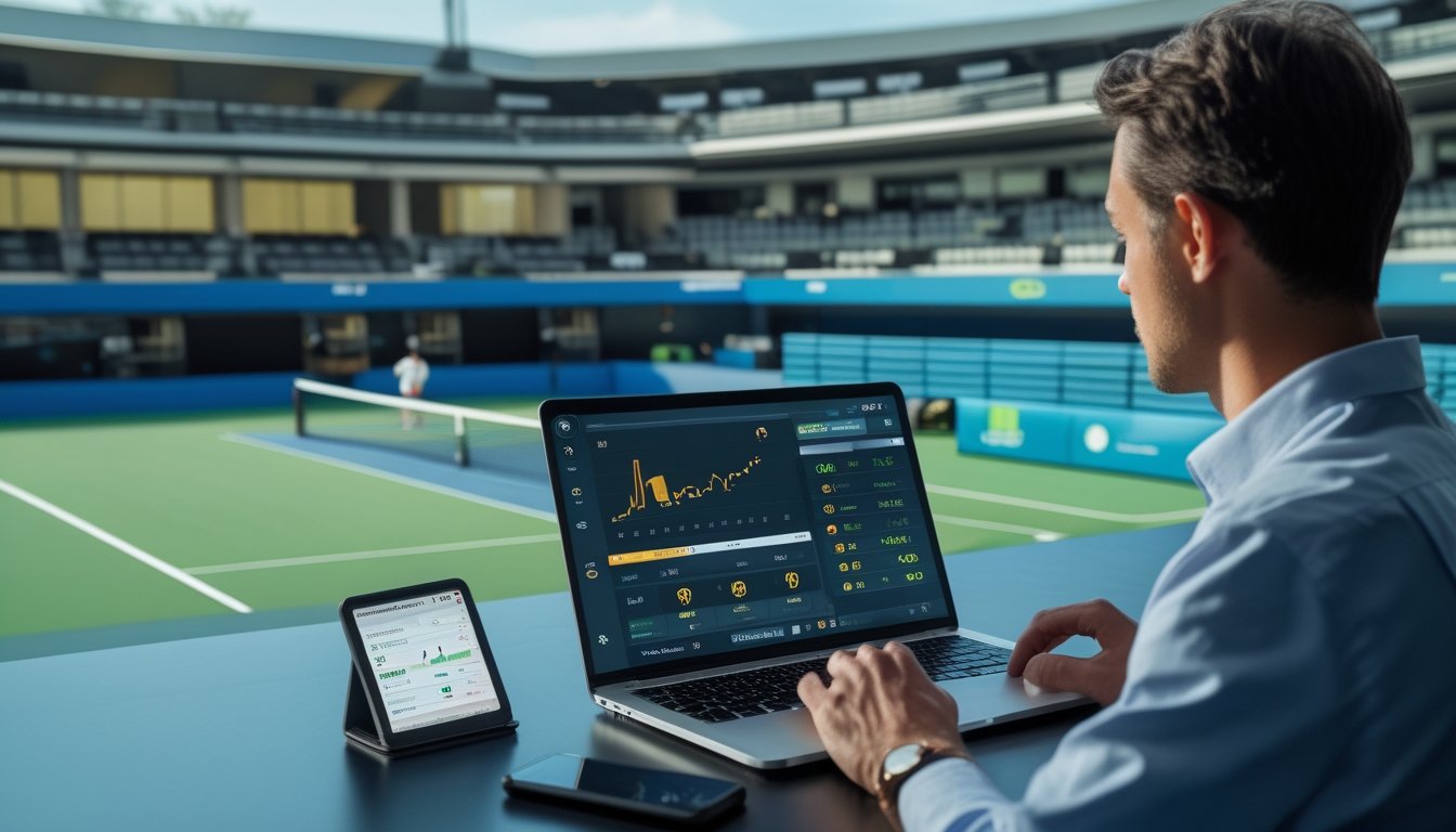 Seorang analis memantau pertandingan tenis dan data taruhan melalui laptop serta ponsel di stadion.