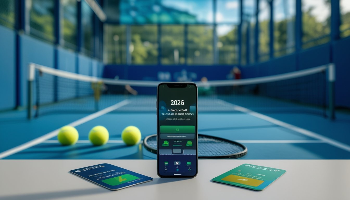Raket dan bola tenis di dekat ponsel, kartu pembayaran, dan simbol keamanan di arena tenis.