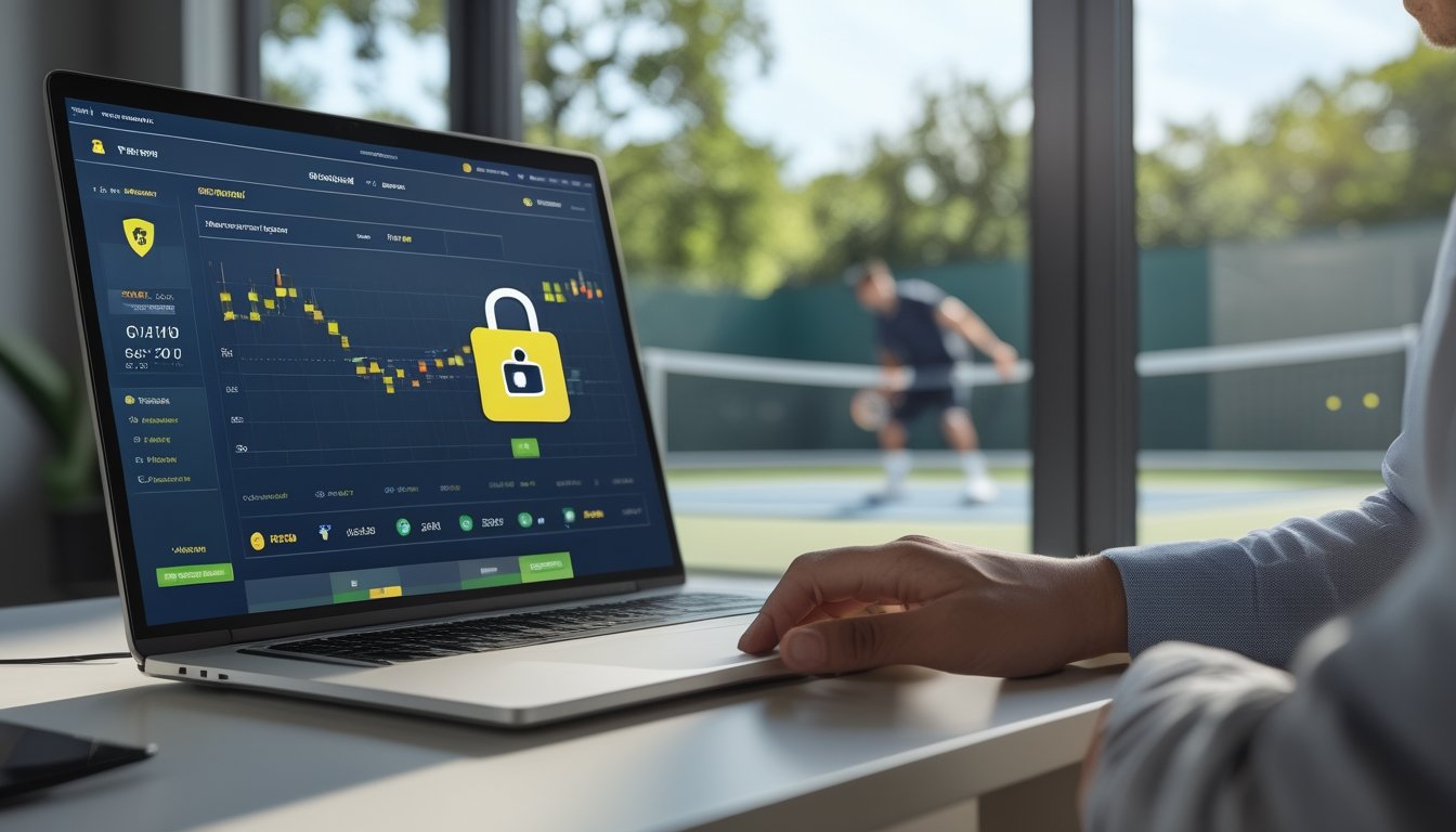 Seseorang menganalisis platform taruhan tenis melalui laptop dan ponsel di meja kerja, dengan lapangan tenis terlihat di latar belakang.