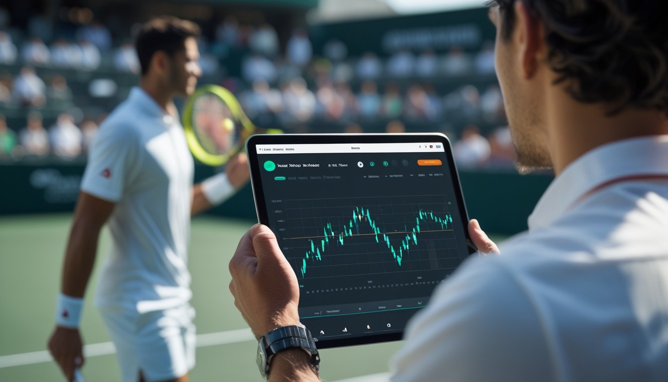 Petenis profesional bersiap melakukan servis di lapangan Grand Slam sementara seorang analis mempelajari data pertandingan.