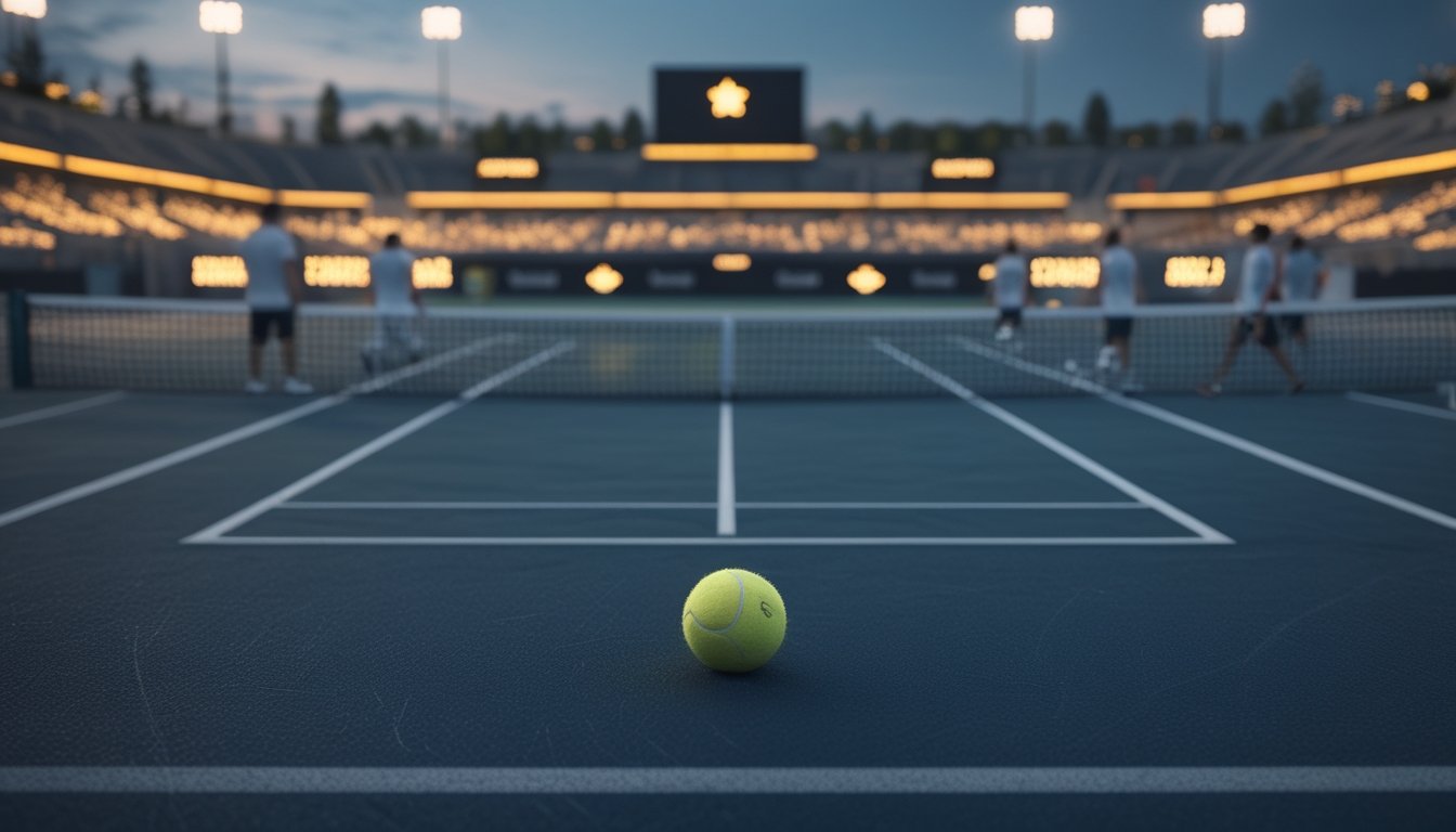 Lapangan tenis stadion Grand Slam dengan beberapa petenis unggulan sedang melakukan pemanasan di bawah lampu arena.