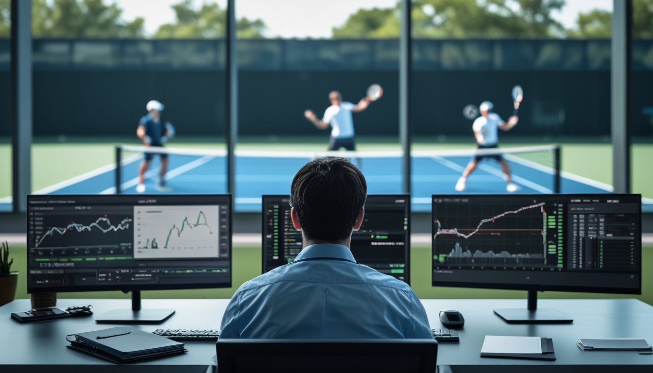 Seorang analis memantau data pertandingan tenis secara langsung dari meja kerja, sementara pertandingan berlangsung di lapangan di luar jendela.