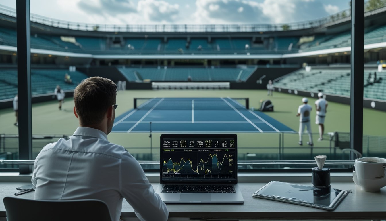 Analis mengamati data pertandingan tenis di laptop saat pemain melakukan pemanasan di stadion.