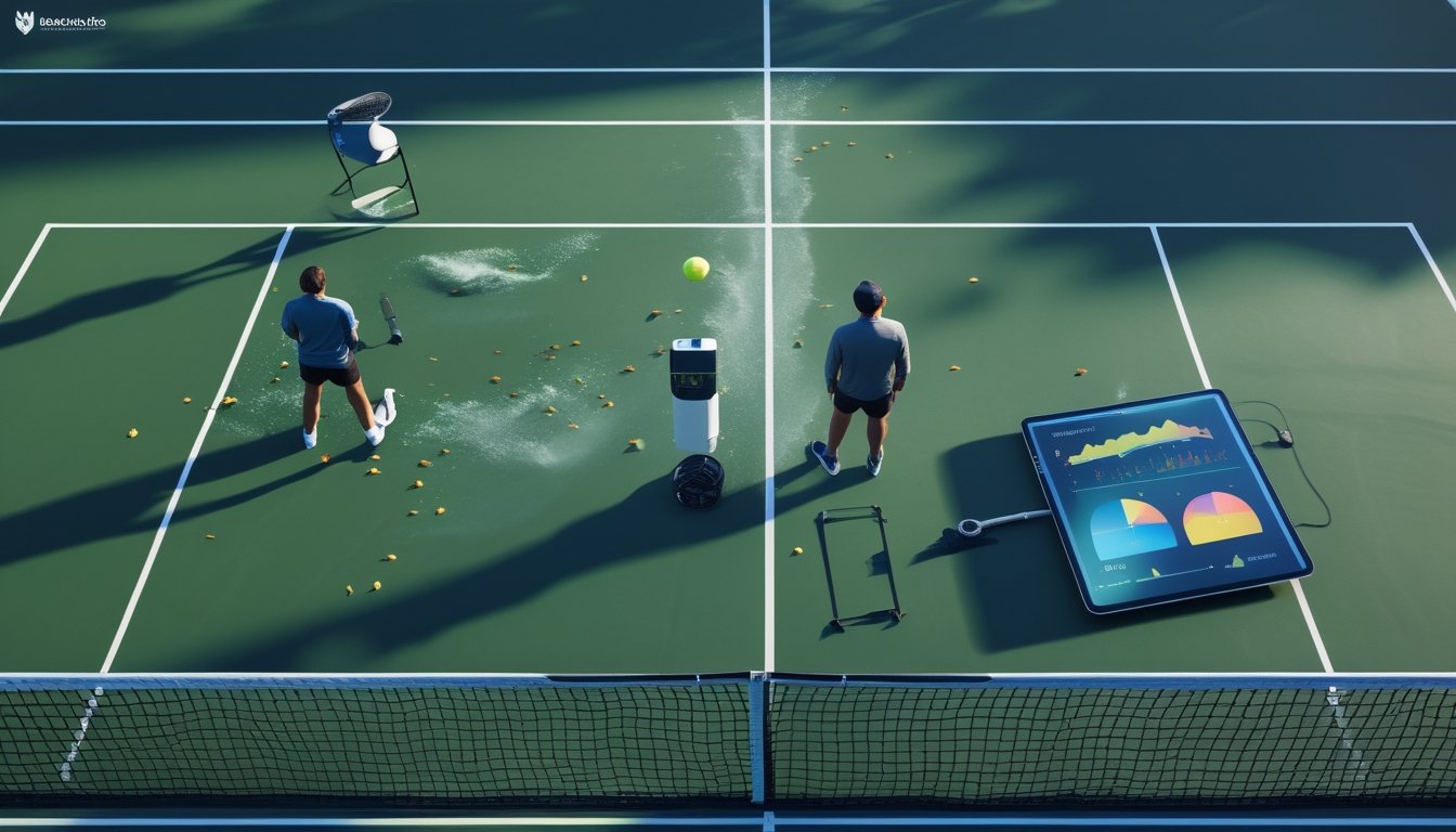 Pemain tenis bertanding di lapangan terbuka sementara seorang analis memantau angin dan kondisi cuaca dengan alat pengukur.