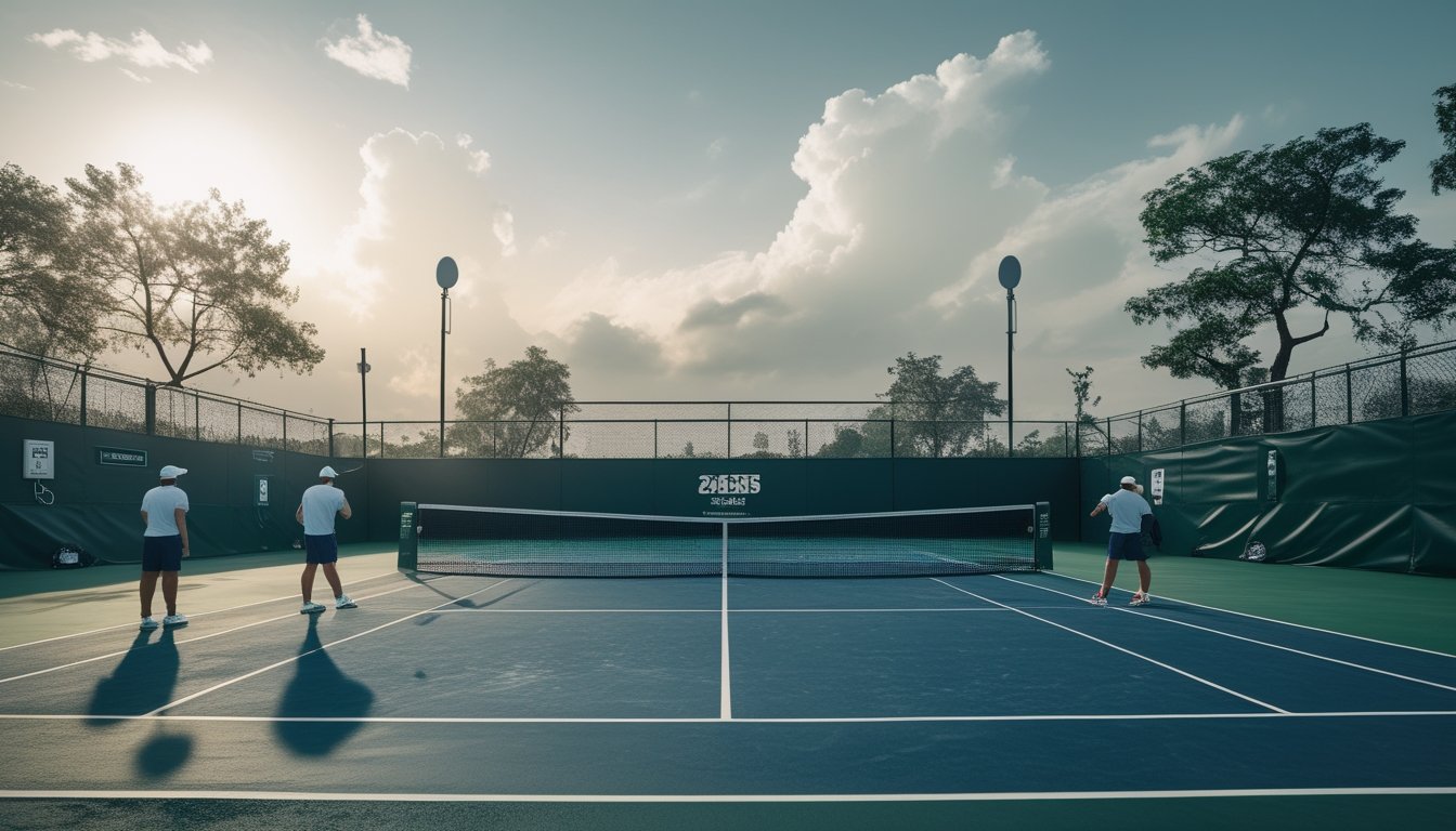 Pemain tenis bertanding di lapangan terbuka saat angin dan cuaca berubah.