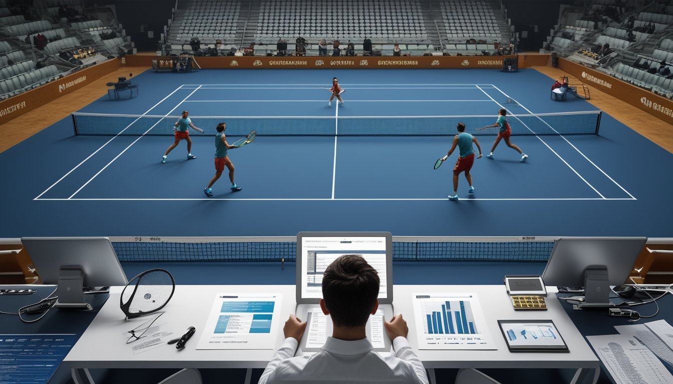 Seorang analis mempelajari statistik pertandingan sementara dua pasangan pemain bertanding tenis ganda di lapangan.